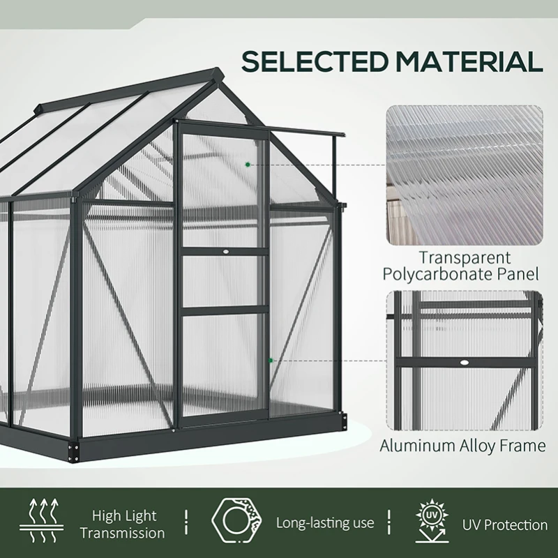 Outsunny 6 x 6ft Polycarbonate Greenhouse, Large Walk-In Green House with Slide Door and Window, Garden Plants Grow House with Aluminium Frame and Foundation, Grey(m-5)
