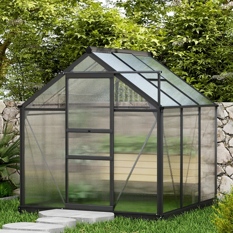 Outsunny 6 x 6ft Polycarbonate Greenhouse, Large Walk-In Green House with Slide Door and Window, Garden Plants Grow House with Aluminium Frame and Foundation, Grey(m-10)