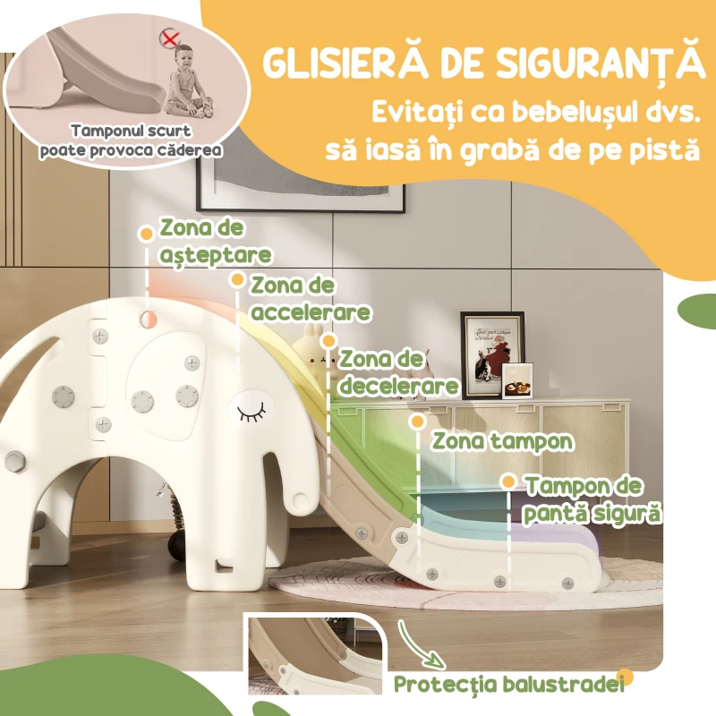 AIYAPLAY Tobogan pentru Copii 3 în 1, Tobogan din Plastic cu Coș și Design de Elefant, 163x57x75 cm, Alb Crem