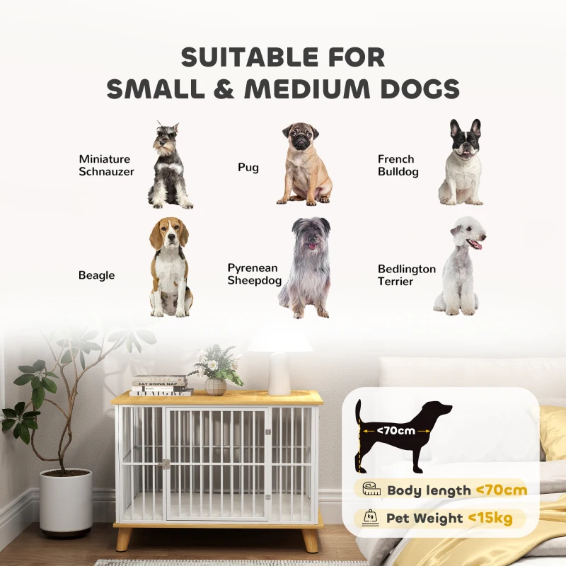 PawHut Klatka dla psa z drzwiami z zamkiem, zdejmowana poduszka, dobra wentylacja, Stal, 86x60x70 cm, Biały+Dąb