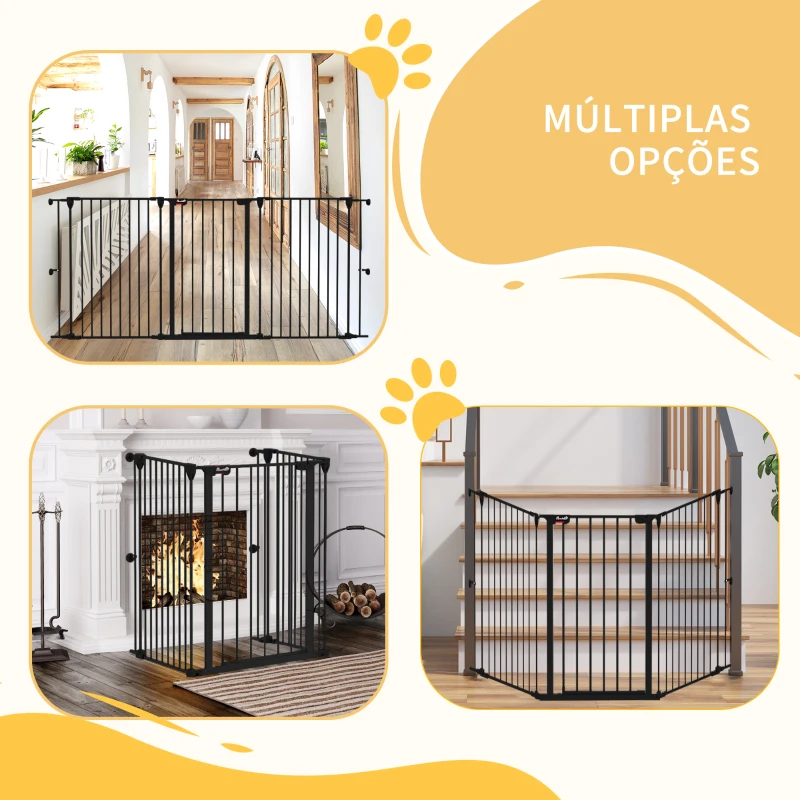 PawHut Barreira para Cães de Aço Barreira de Segurança para Animais de Estimação Dobrável de 3 Painéis Duplo Fechamento 206x90 cm Preto