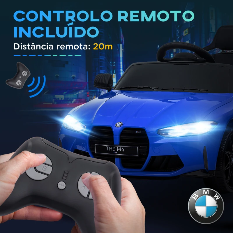 AIYAPLAY Carro Elétrico para Crianças BMW M4 12V com Controlo Remoto Faróis Buzina Música e Velocidade 3-5 km/h 108x69,5x51 cm Azul