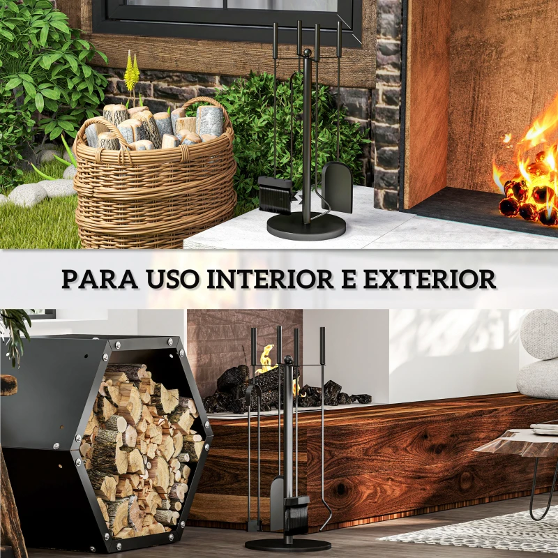Outsunny Conjunto de Ferramentas para Lareira com 5 Peças Acessórios para Lareira de Metal com Escova Pá Tenaz Atiçador e Suporte Ø25x54 cm Preto