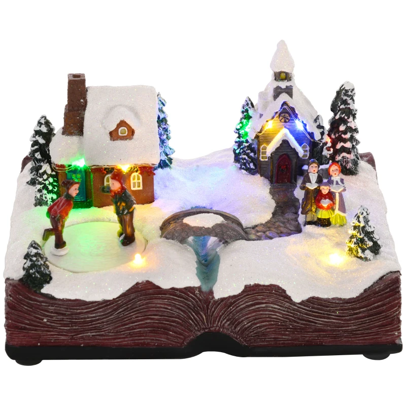 HOMCOM Aldeia de Natal Cena Natalícia com Luzes LED Música e Patinadores Giratórios Decoração de Natal 23x18x15 cm Multicor