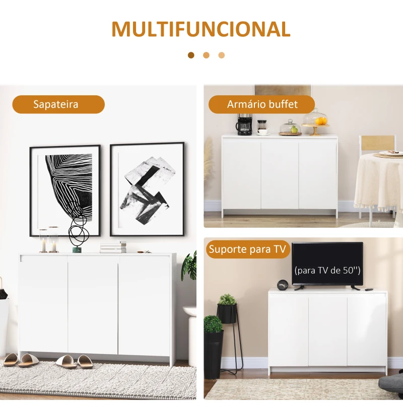 HOMCOM Móvel Aparador com 3 Portas Prateleiras Ajustáveis e Suporte com Fecho Suave para Televisores 120x35x85 cm Branco