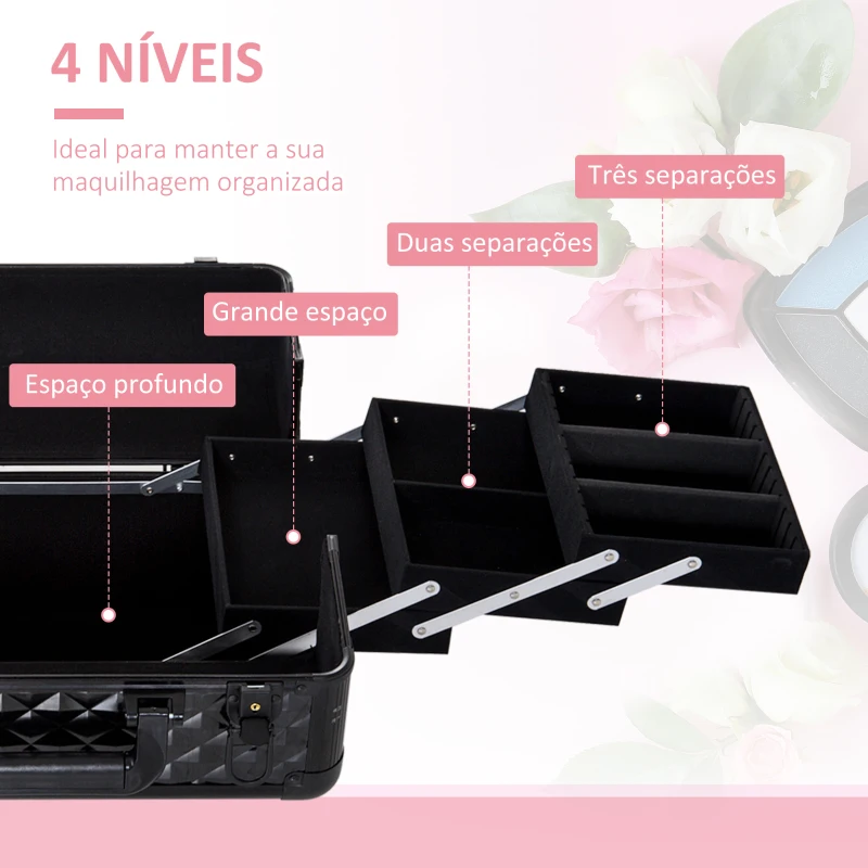 HOMCOM Estojo de Maquilhagem Organizador de Cosméticos Profissional Caixa de Produtos de Beleza Portátil 35,5x20x25,5 cm Preto