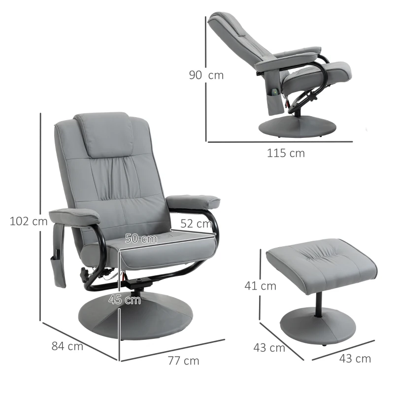 HOMCOM Poltrona de Massagem com Banco Poltrona Relax Giratório Reclinável 145° com 10 Pontos de Massagem 77x84x102 cm Cinza