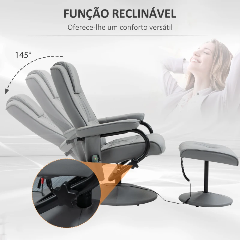 HOMCOM Poltrona de Massagem com Banco Poltrona Relax Giratório Reclinável 145° com 10 Pontos de Massagem 77x84x102 cm Cinza