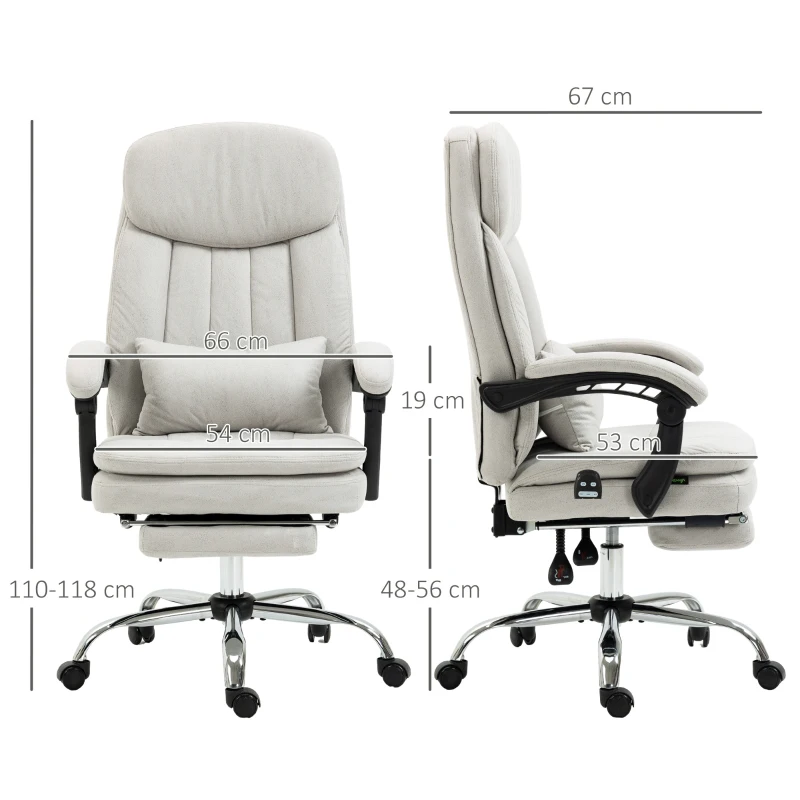 Vinsetto Bureaustoel met Massage- en Warmtefunctie, Ergonomisch, 66x67x110-118cm, Crèmewit(m-3)