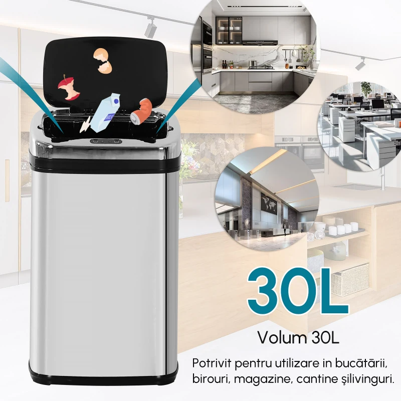 HOMCOM cos de gunoi din otel cu senzor automat, 30L(m-6)