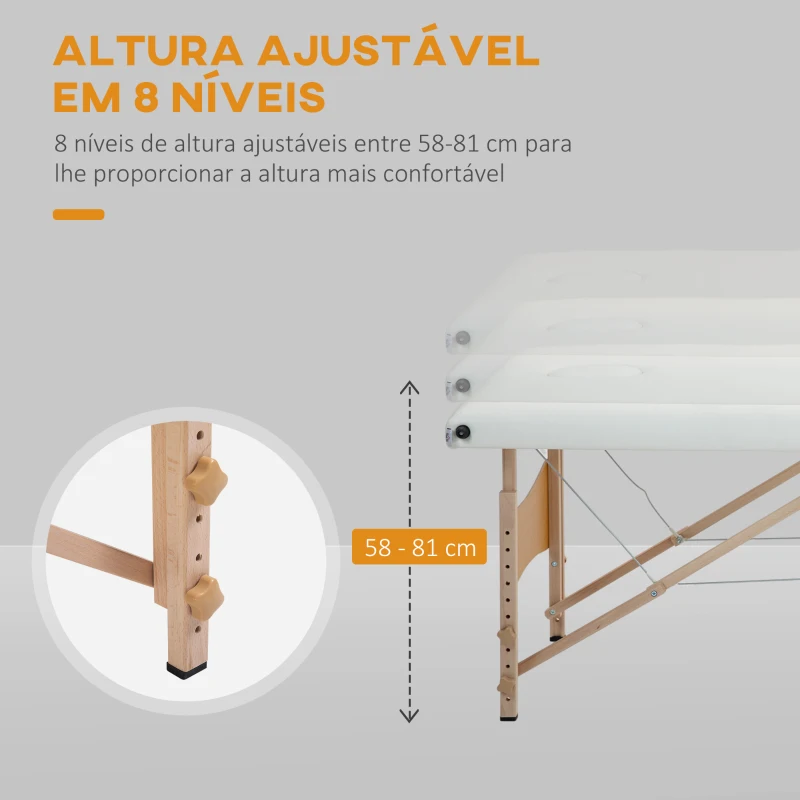 HOMCOM Marquesa de Massagem Dobrável Portátil com Apoio para a Cabeça Altura Ajustável e Bolsa de Transporte 186x60x58-81 cm Creme