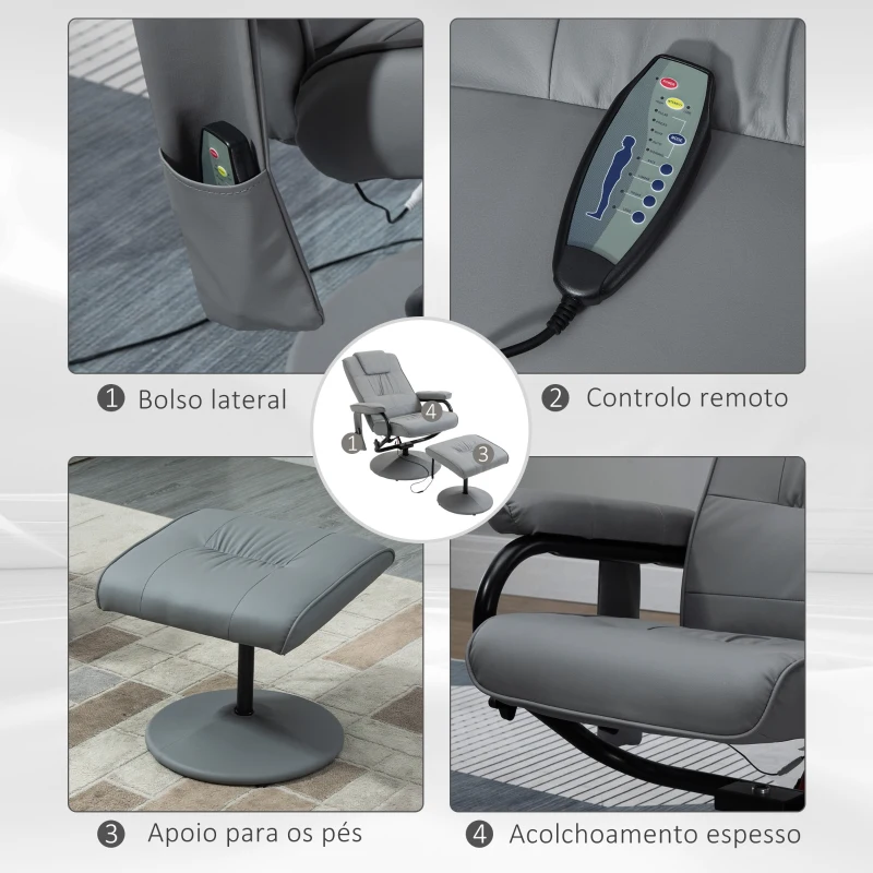 HOMCOM Poltrona de Massagem com Banco Poltrona Relax Giratório Reclinável 145° com 10 Pontos de Massagem 77x84x102 cm Cinza