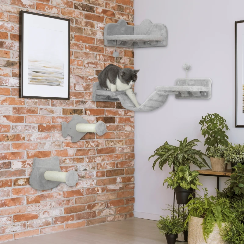 PawHut 4PCs Cat Wall Shelves with Steps, Ladder, Jumping Platforms, Light Grey