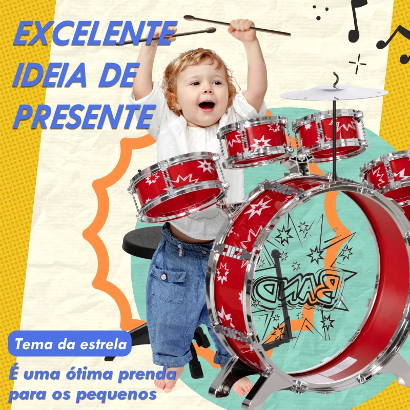 AIYAPLAY Bateria Infantil com Banco Bateria para Crianças acima de 3 Anos com Pedal e Baqueta Desenho de Estrelas 65x22x57 cm Vermelho