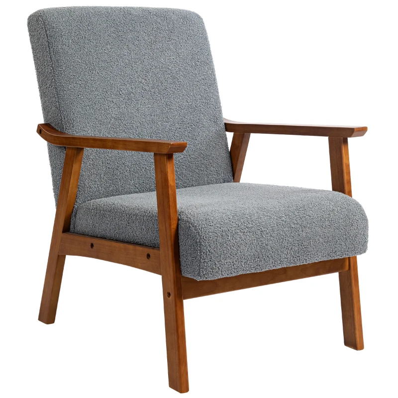 HOMCOM Armchair with Wide Seat, Boucle Accent Chair, Thick Padded Occasional Chair with Solid Wood Frame for Living Room Bedroom Home Office Reception Balcony, Grey