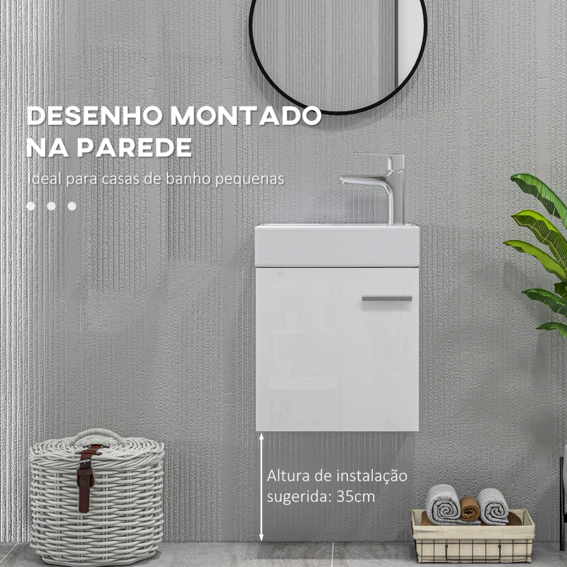HOMCOM Móvel de Casa de Banho com Lavatório Móvel de Casa de Banho com Porta com Fechamento Suave e Armário 40x23x50 Branco Brilhante