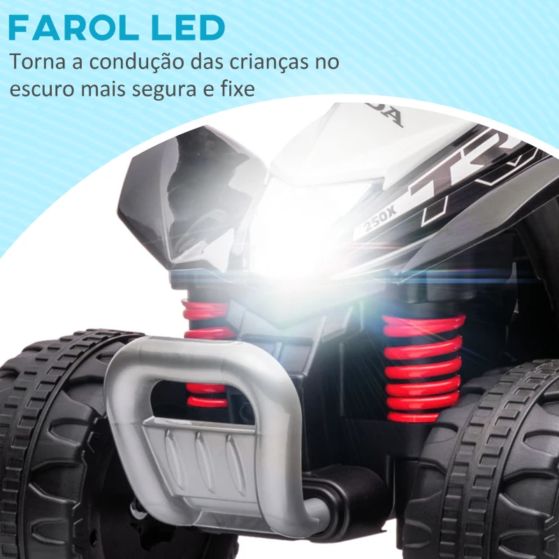 AIYAPLAY Quadriciclo Elétrico HONDA para Crianças Bateria 6V com Faróis LED Buzina Velocidade de 2,8km/h 65,5x35,5x43,5 cm Branco e Preto
