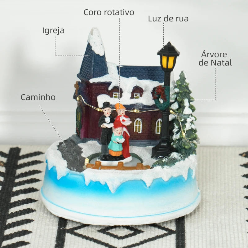 HOMCOM Aldeia de Natal com Luzes LED Cena de Natal com Coro Giratório Música para Decoração de Natal 13x13x15 cm Multicor