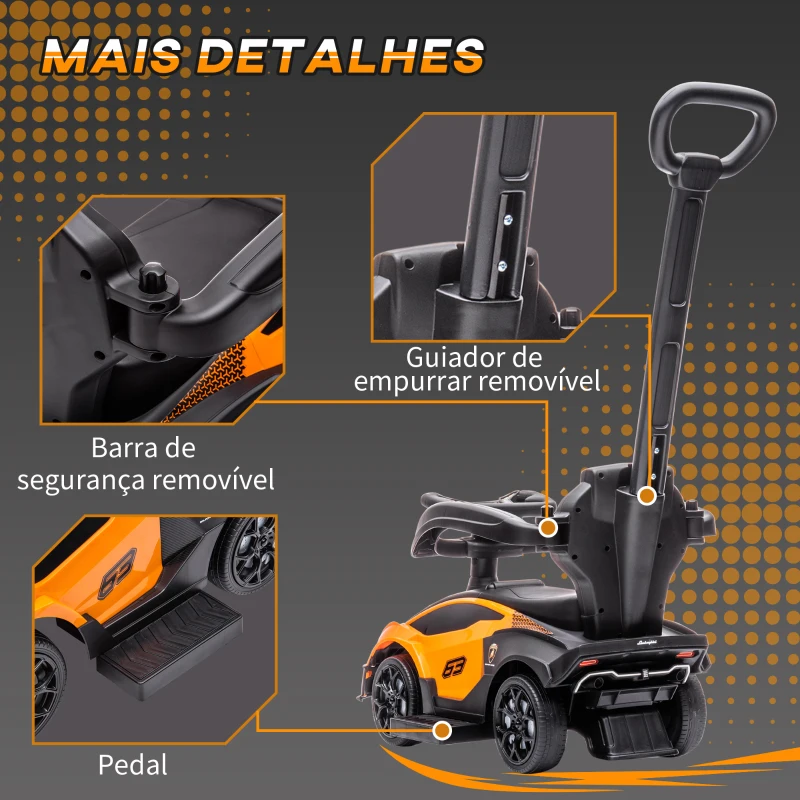 AIYAPLAY Carro Andador Lamborghini Essenza SCV2 Carro Andador com Buzina Guiador e Grade de Segurança 86,5x40x89,5cm Laranja