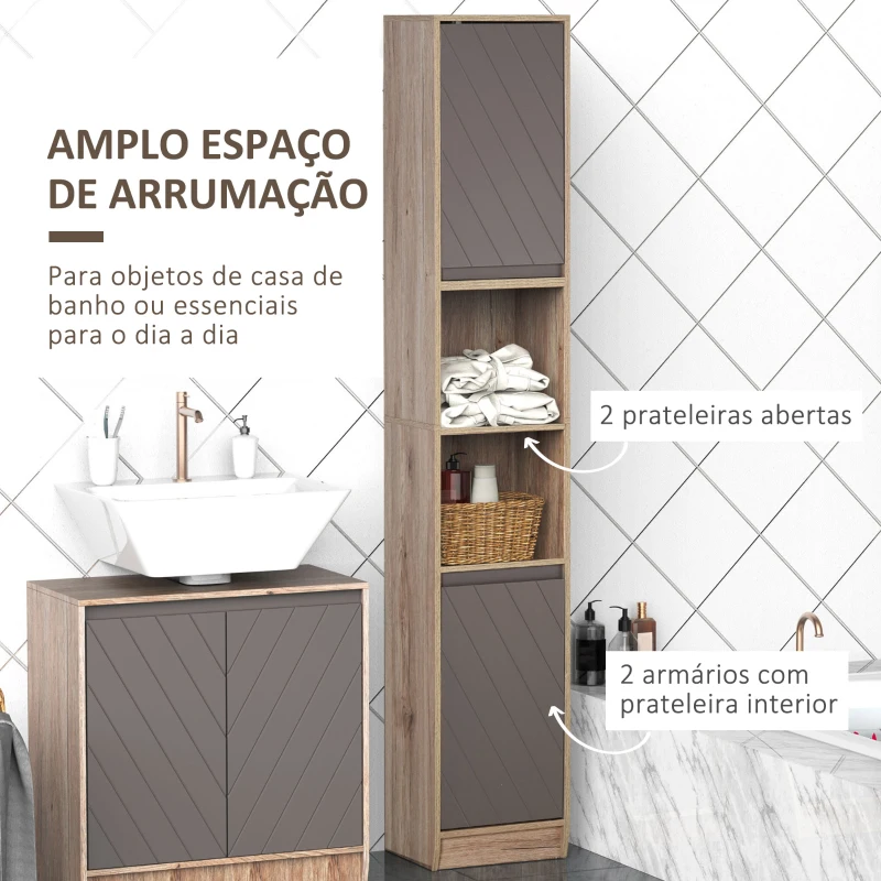 HOMCOM Armário alto para banheiro com 2 portas e 2 prateleiras abertas Móveis auxiliares para sala de estar Corredor 30x24x170 cm Carvalho e cinza