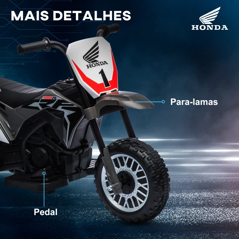 HOMCOM Mota Elétrica com Licença Honda CRF450RL Bateria 6V com Velocidade 3km/h Buzina e Som de Arranque 71x40,5x43,5 cm Cinza