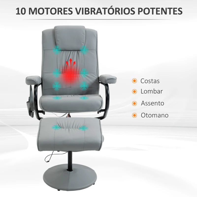 HOMCOM Poltrona de Massagem com Banco Poltrona Relax Giratório Reclinável 145° com 10 Pontos de Massagem 77x84x102 cm Cinza