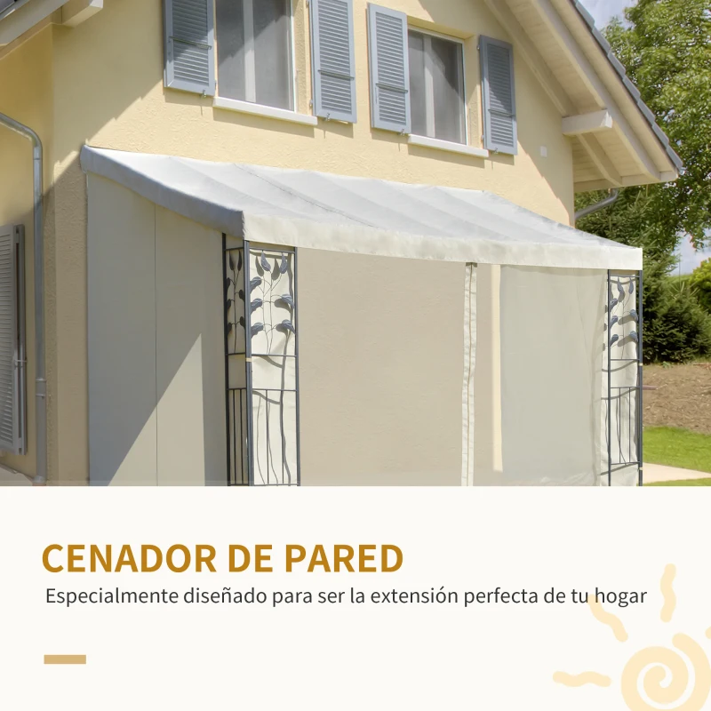 Outsunny Pérgola  4x3m  montado na parede com cortinas laterais Malha com zíper 4 orifícios de drenagem exterior Bege