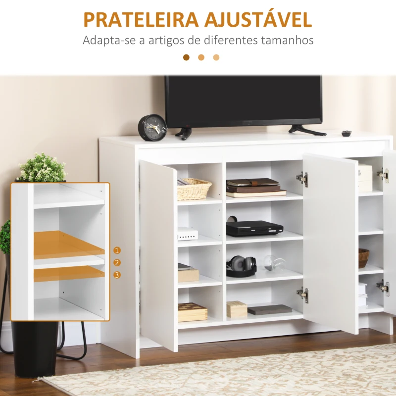 HOMCOM Móvel Aparador com 3 Portas Prateleiras Ajustáveis e Suporte com Fecho Suave para Televisores 120x35x85 cm Branco