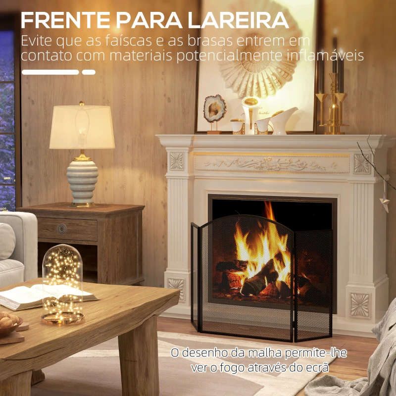 HOMCOM Frente para Lareira de 3 Painéis Protetor para Lareira Dobrável com Estrutura de Aço 96x62 cm Preto