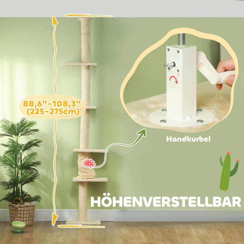 PawHut Krabpaal, verstelbare hoogte 225-275 cm, stabiele basis, kantelbeveiliging, pluche bekleding, Crèmewit