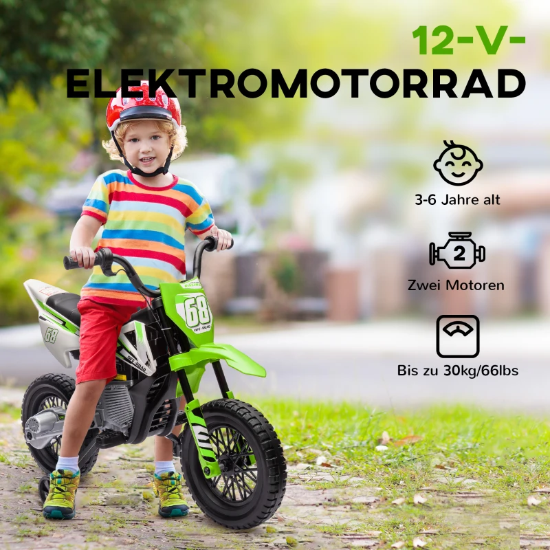 AIYAPLAY Elektrische Kindermotor met Handmatige Gascontrole, Zijwieltjes, Muziek, Groen(m-6)