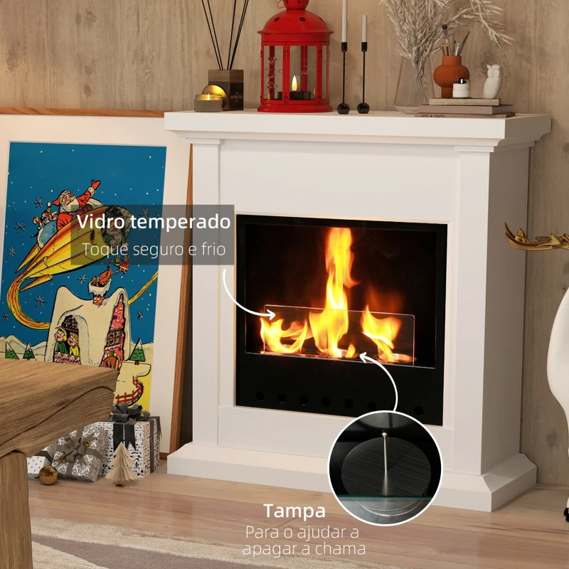 HOMCOM Lareira de Bioetanol com Depósito de 1,2L Tempo de Combustão 3H para Interiores 16-18 m² 63,5x24x66 cm Branc