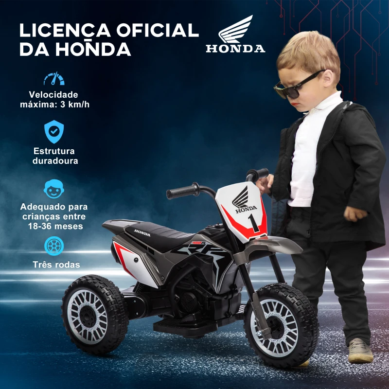 HOMCOM Mota Elétrica com Licença Honda CRF450RL Bateria 6V com Velocidade 3km/h Buzina e Som de Arranque 71x40,5x43,5 cm Cinza