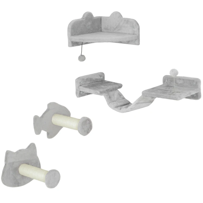 PawHut 4PCs Cat Wall Shelves with Steps, Ladder, Jumping Platforms, Light Grey