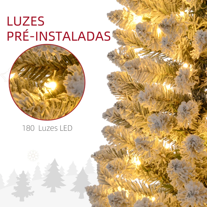 HOMCOM Árvore de Natal 210 cm Árvore de Natal Artificial Nevada com 180 Luzes LED 405 Ramos Verde e Branco