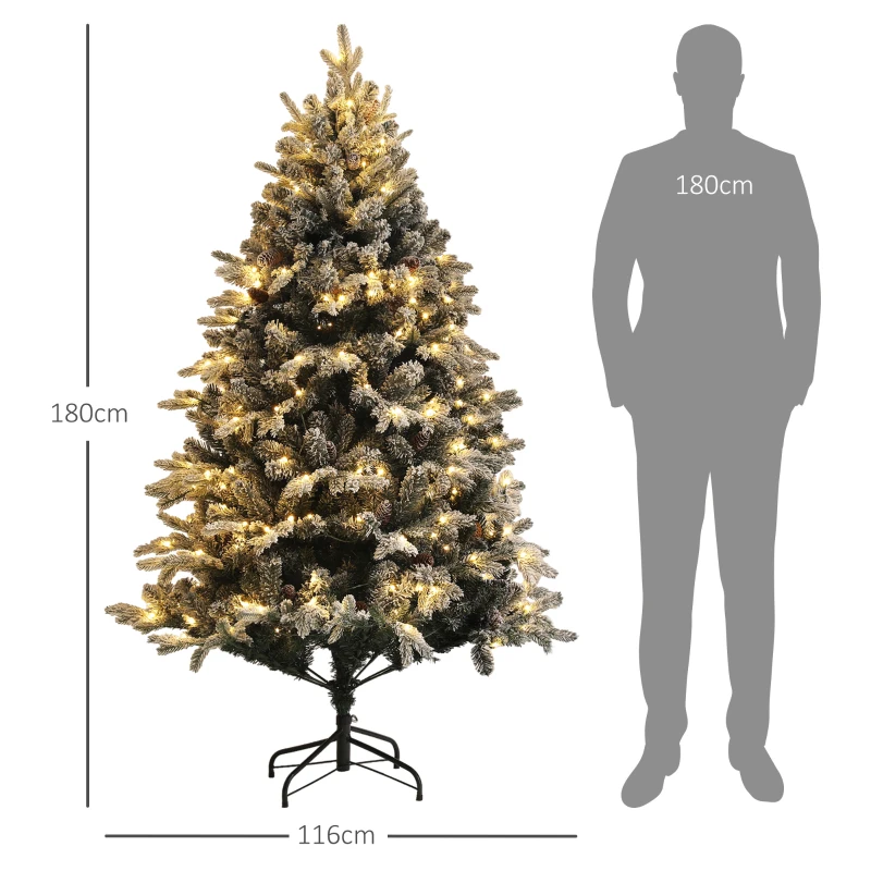 HOMCOM Kunstkerstboom, 180 cm, LED-verlichting, besneeuwd, vlamvertragend, Metaal