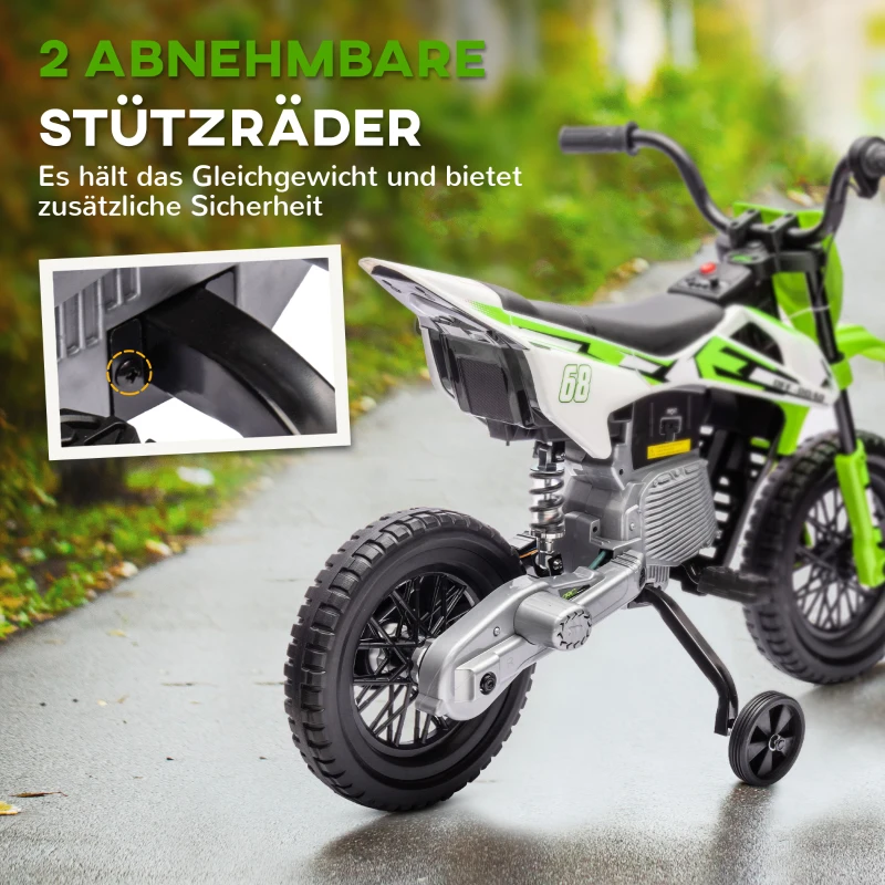 AIYAPLAY Elektrische Kindermotor met Handmatige Gascontrole, Zijwieltjes, Muziek, Groen(m-5)