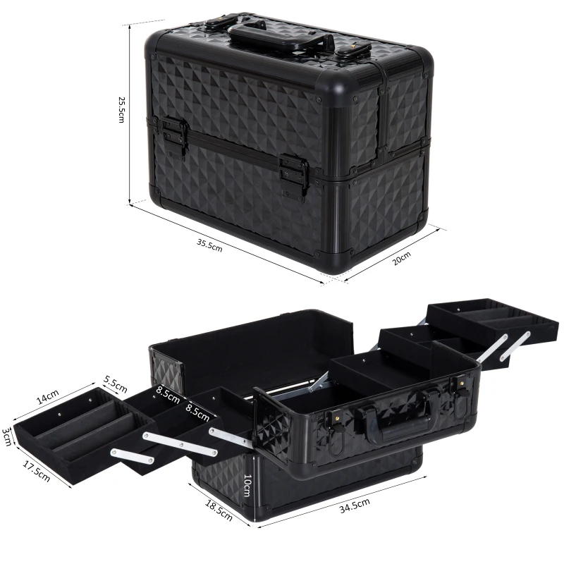HOMCOM Estojo de Maquilhagem Organizador de Cosméticos Profissional Caixa de Produtos de Beleza Portátil 35,5x20x25,5 cm Preto
