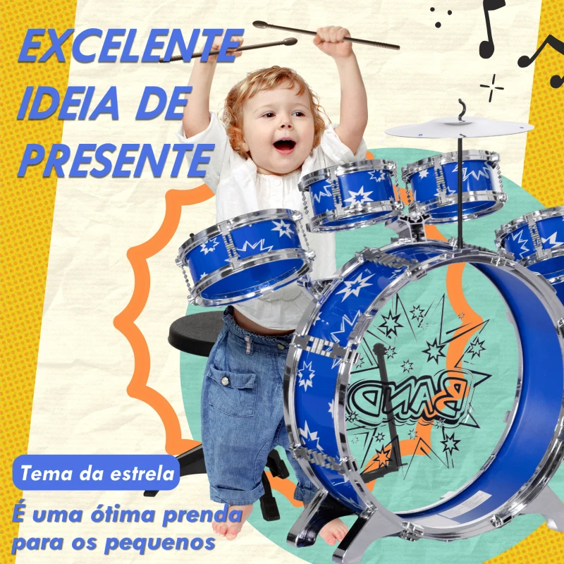 AIYAPLAY Bateria Infantil com Banco Bateria para Crianças acima de 3 Anos com Pedal e Baqueta Desenho de Estrelas 65x22x57 cm Azul