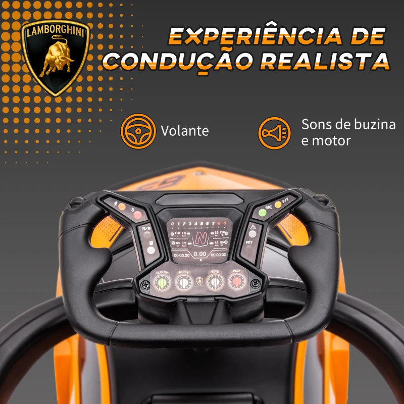 AIYAPLAY Carro Andador Lamborghini Essenza SCV2 Carro Andador com Buzina Guiador e Grade de Segurança 86,5x40x89,5cm Laranja