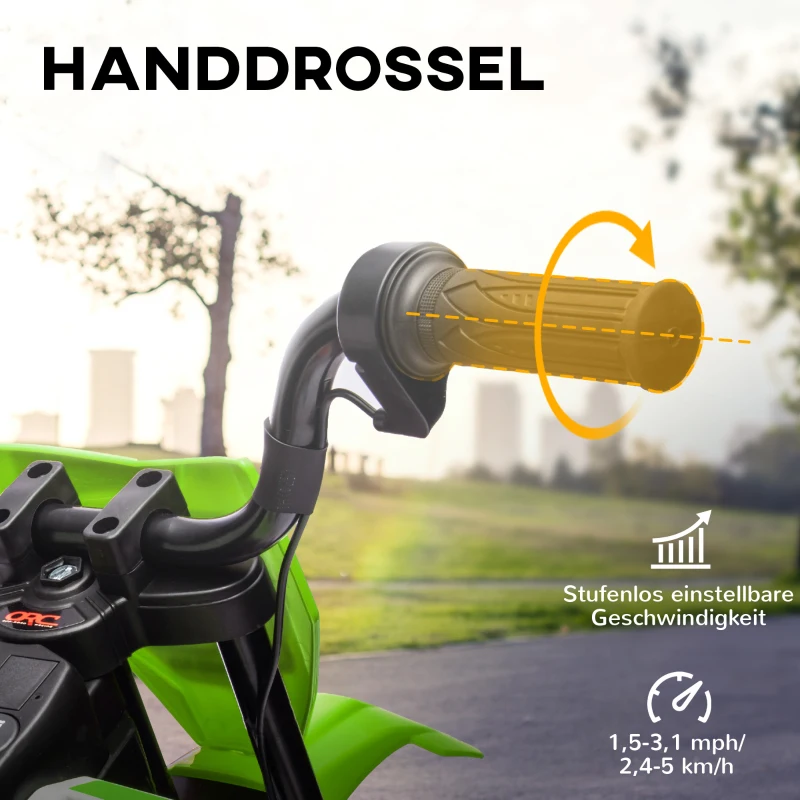 AIYAPLAY Elektrische Kindermotor met Handmatige Gascontrole, Zijwieltjes, Muziek, Groen(m-4)