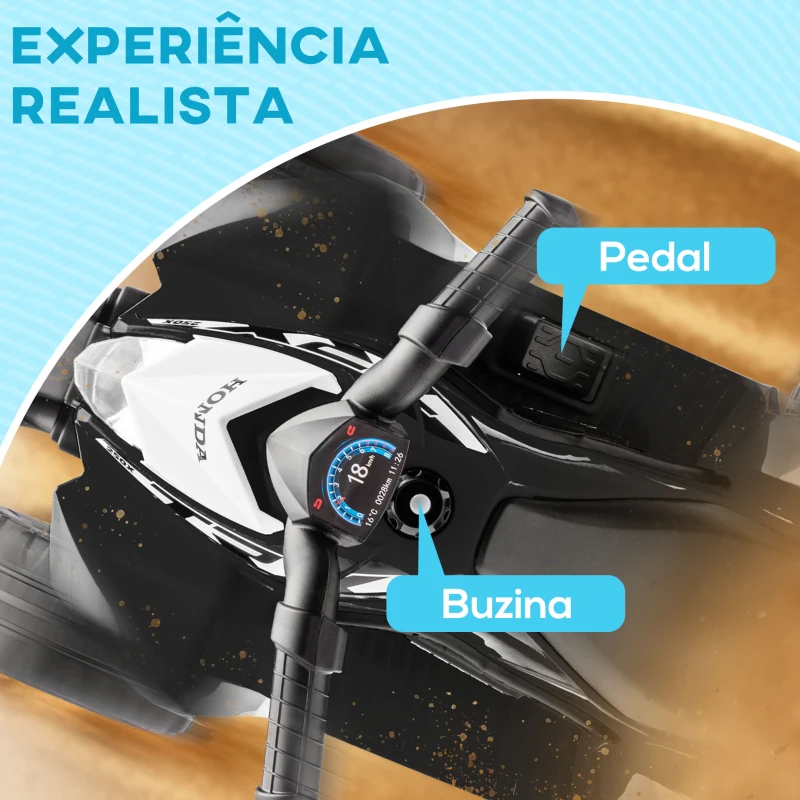 AIYAPLAY Quadriciclo Elétrico HONDA para Crianças Bateria 6V com Faróis LED Buzina Velocidade de 2,8km/h 65,5x35,5x43,5 cm Branco e Preto