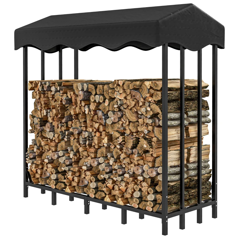 Outsunny Suporte para Lenha com Cobertura Estante para Lenha de Metal com Estrutura Reforçada e Anéis de Bloqueio 143x70x145 cm Preto