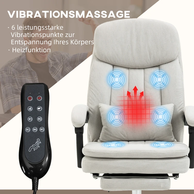 Vinsetto Bureaustoel met Massage- en Warmtefunctie, Ergonomisch, 66x67x110-118cm, Crèmewit(m-4)