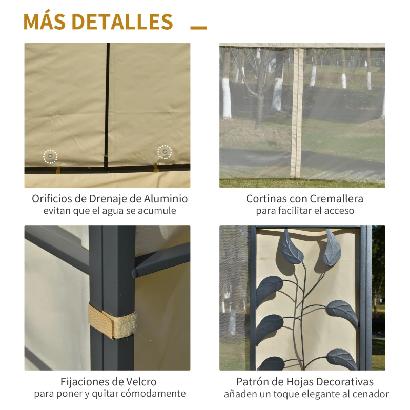 Outsunny Pérgola  4x3m  montado na parede com cortinas laterais Malha com zíper 4 orifícios de drenagem exterior Bege