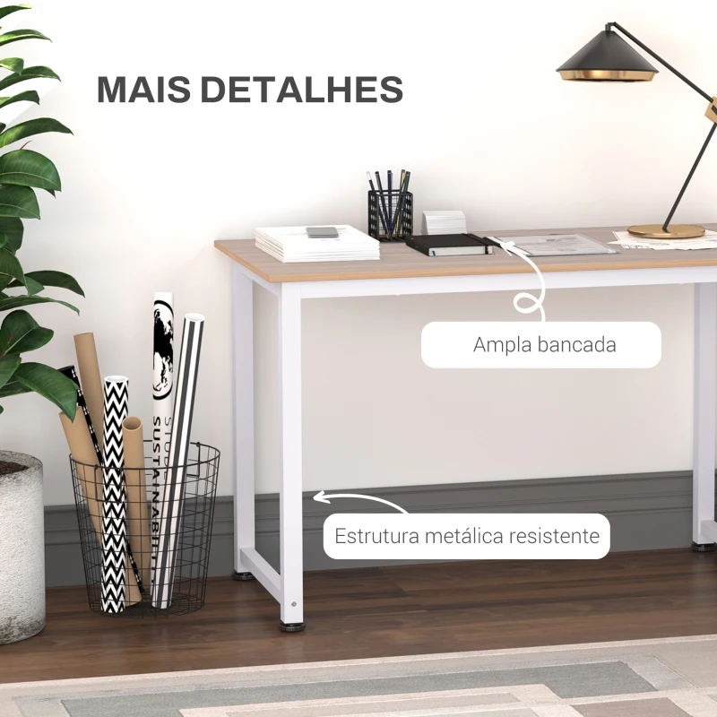 HOMCOM Secretária Moderna Mesa de Estudo com Estrutura de Aço e Pés Ajustáveis Mesa de Computador 120x60x76 cm Branco e Madeira
