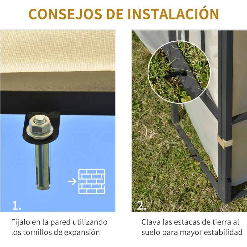 Outsunny Pérgola  4x3m  montado na parede com cortinas laterais Malha com zíper 4 orifícios de drenagem exterior Bege