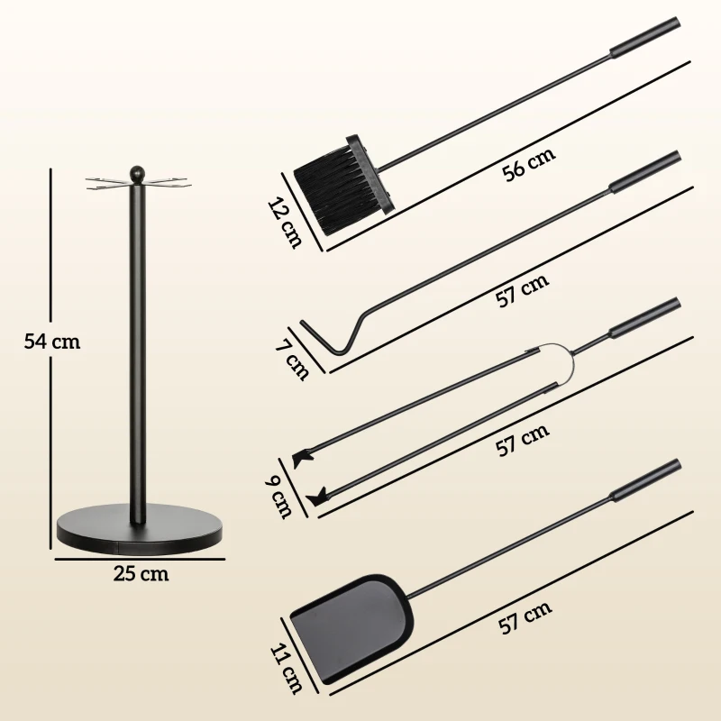 Outsunny Conjunto de Ferramentas para Lareira com 5 Peças Acessórios para Lareira de Metal com Escova Pá Tenaz Atiçador e Suporte Ø25x54 cm Preto