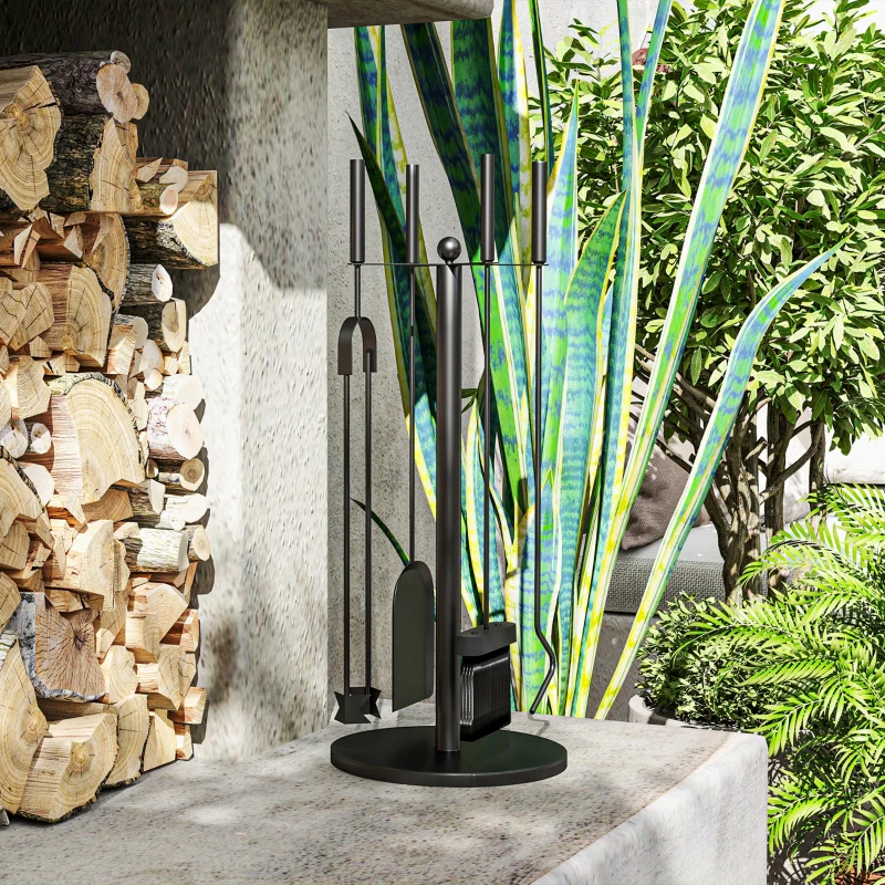 Outsunny Kominek zestaw narzędzi, 5-częściowy, miotła, łopata, szczypce, pogrzebacz i stojak, metal odporny na ogień, czarny