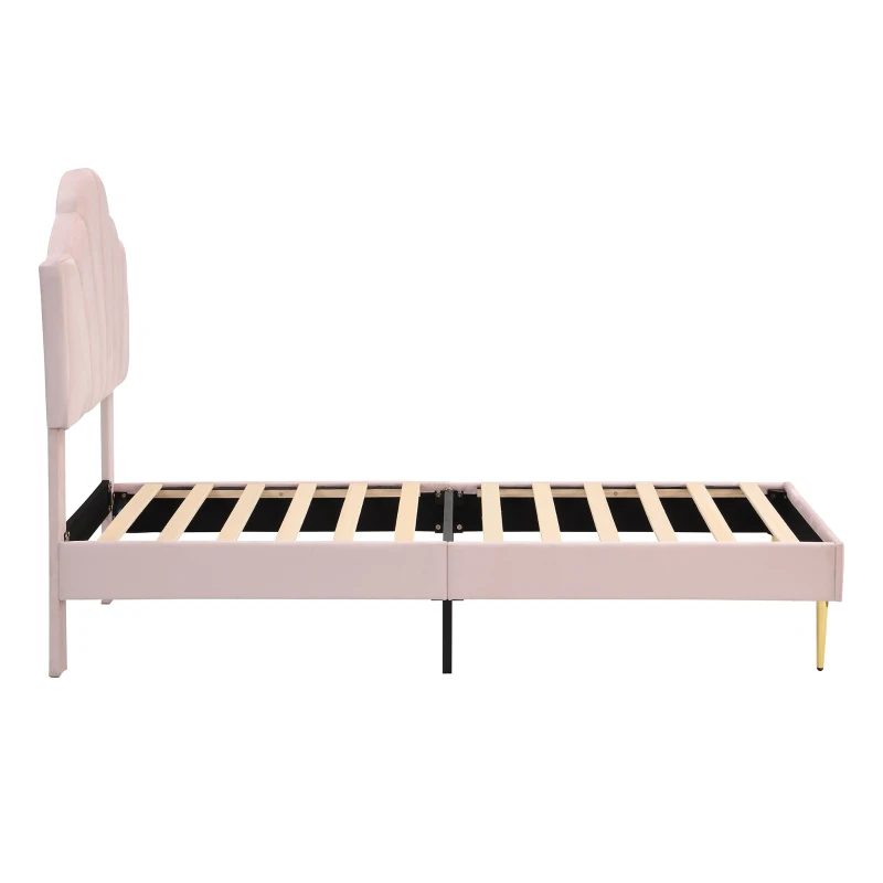 Velvet Upholstered Single Bed with Golden Iron Legs, Shell-Like Headboard, Adjustable Height, Wooden Slatted Frame, 95x195x130 cm, Pink